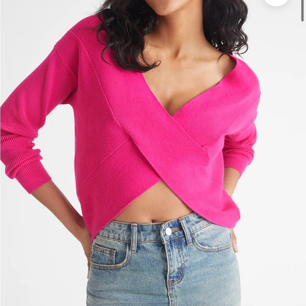 Harlowe- Wrap-Front Rib Sweater in Fuschia Pink size Large